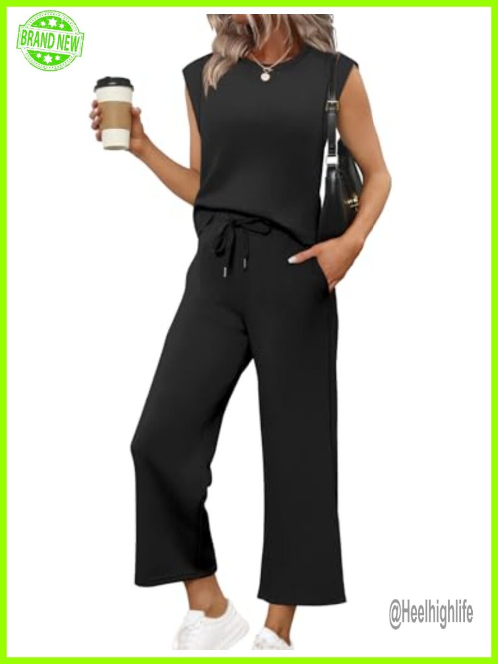 Two Piece Set Womens Cap Sleeve Top Wide Leg Crop Pants Lightweight Travel
